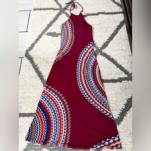 Backless Halter Maxi Dress in Burgundy with Geometric Print